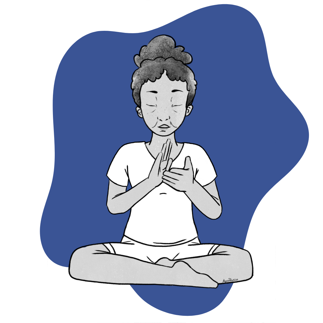 Illustration of Estelle sitting in easy pose doing the Meditation for Solar Flares Featured Image