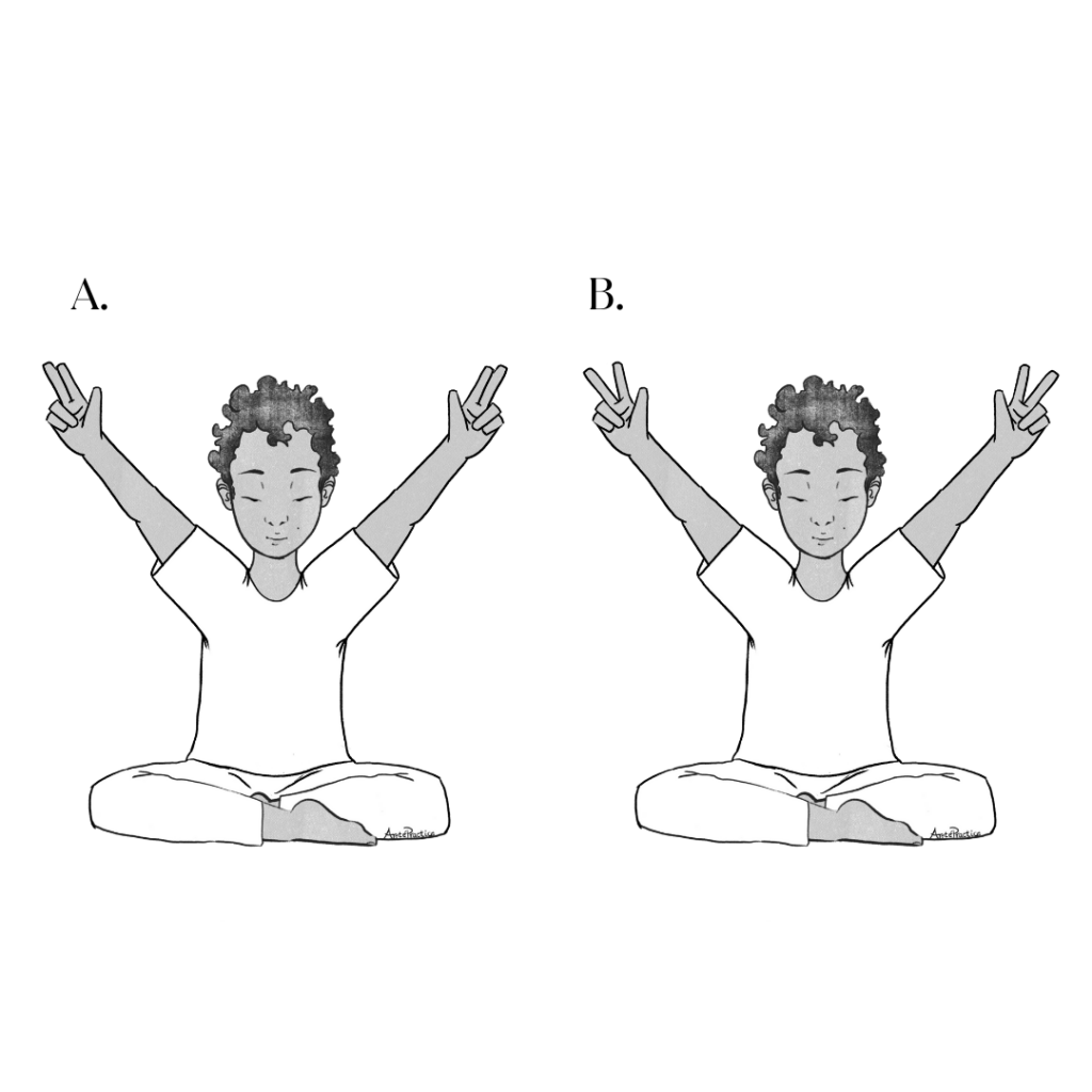Illustration of Jerry sitting in easy pose and Curling his pinky and ring fingers down, while leaving his middle, index fingers and thumbs extended. Bring your arms up and out to the sides at 60 degrees above parallel with his palms facing forward.