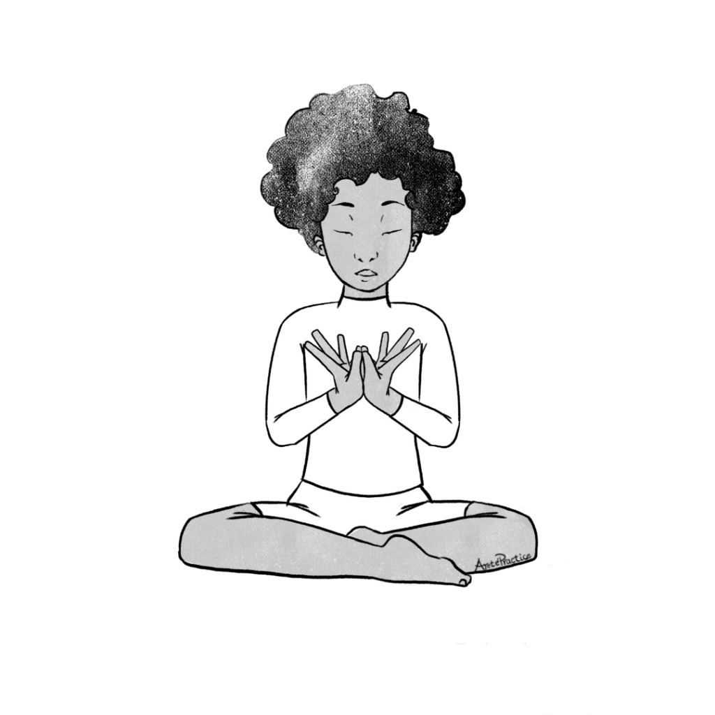 Ilustração de Elaine sentada em postura fácil com mudra de lótus aberto.