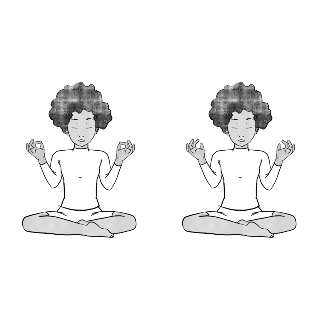 Illustration d'Elaine assise dans une posture décontractée, les mains devant les épaules, paumes face à face.