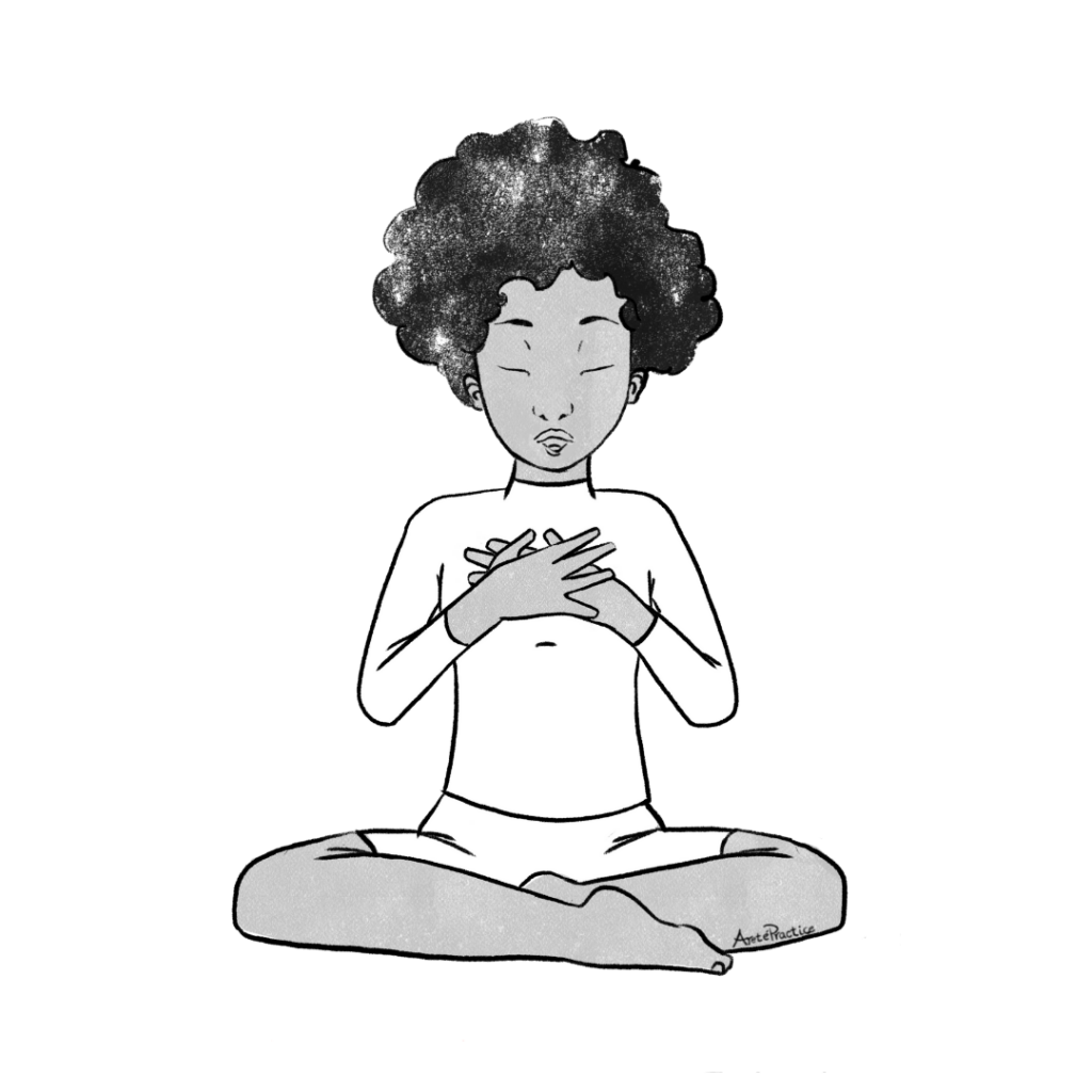 Illustration d'Elaine assise dans une pose décontractée, les mains sur le cœur et la bouche.