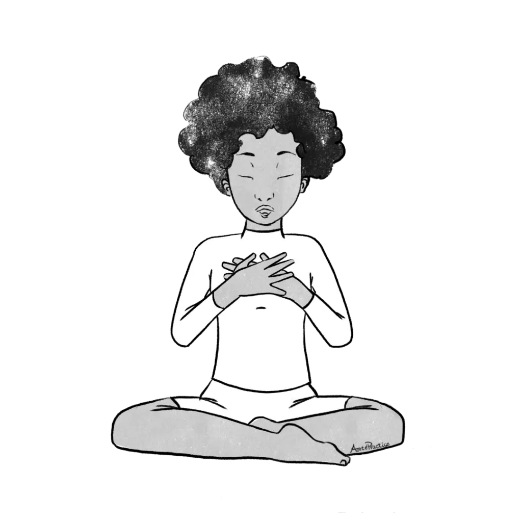 Illustration d'Elaine assise dans une pose décontractée, les mains sur le cœur et la bouche.