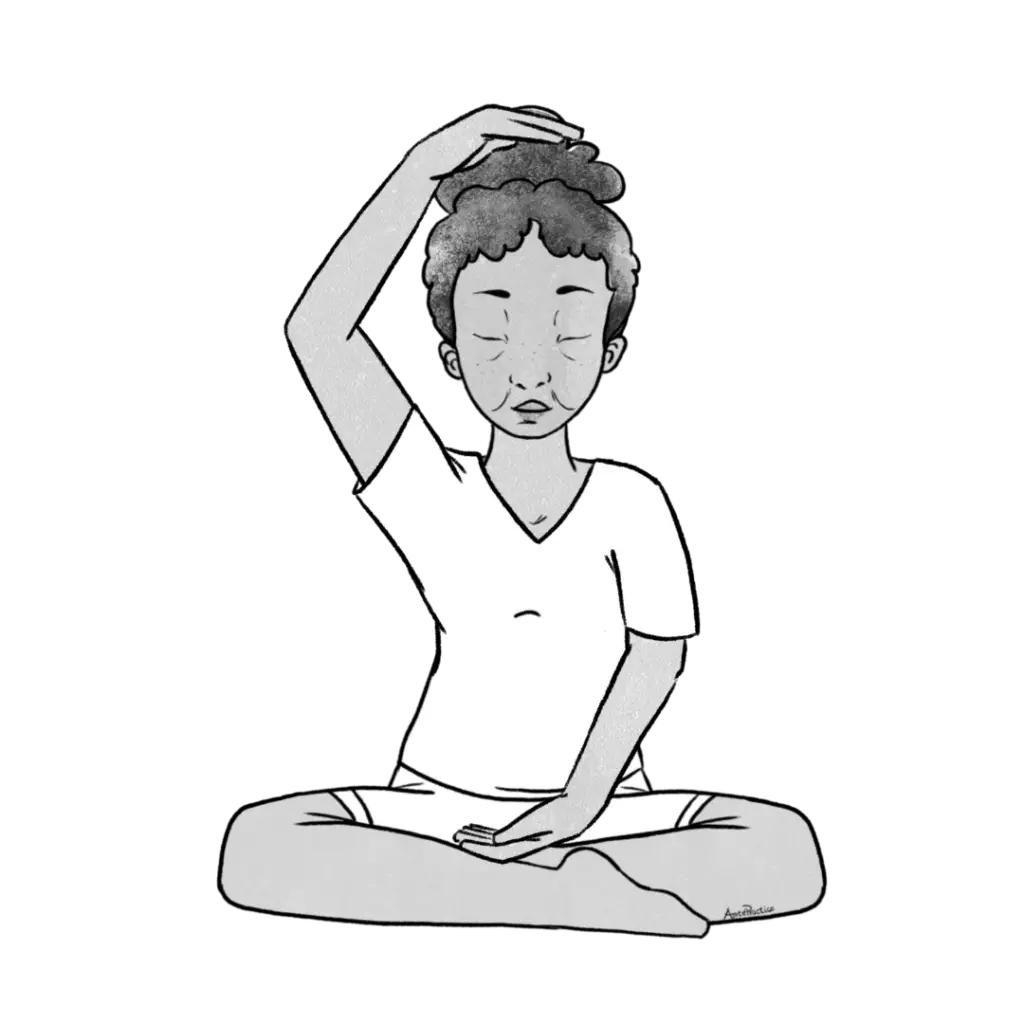 Ilustração de Estelle sentada em postura fácil com a coluna reta. Mão esquerda apoiada no colo, com a palma voltada para cima. Mão direita com a palma voltada para baixo, aproximadamente 7 a 10 centímetros acima do Chakra Coronário (Sahasrara Chakra), no topo da cabeça.  