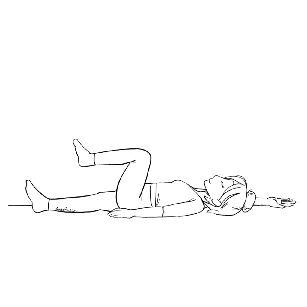 Illustration of Helen laying down with one leg towards chest and other extended, one arm at side and other above head