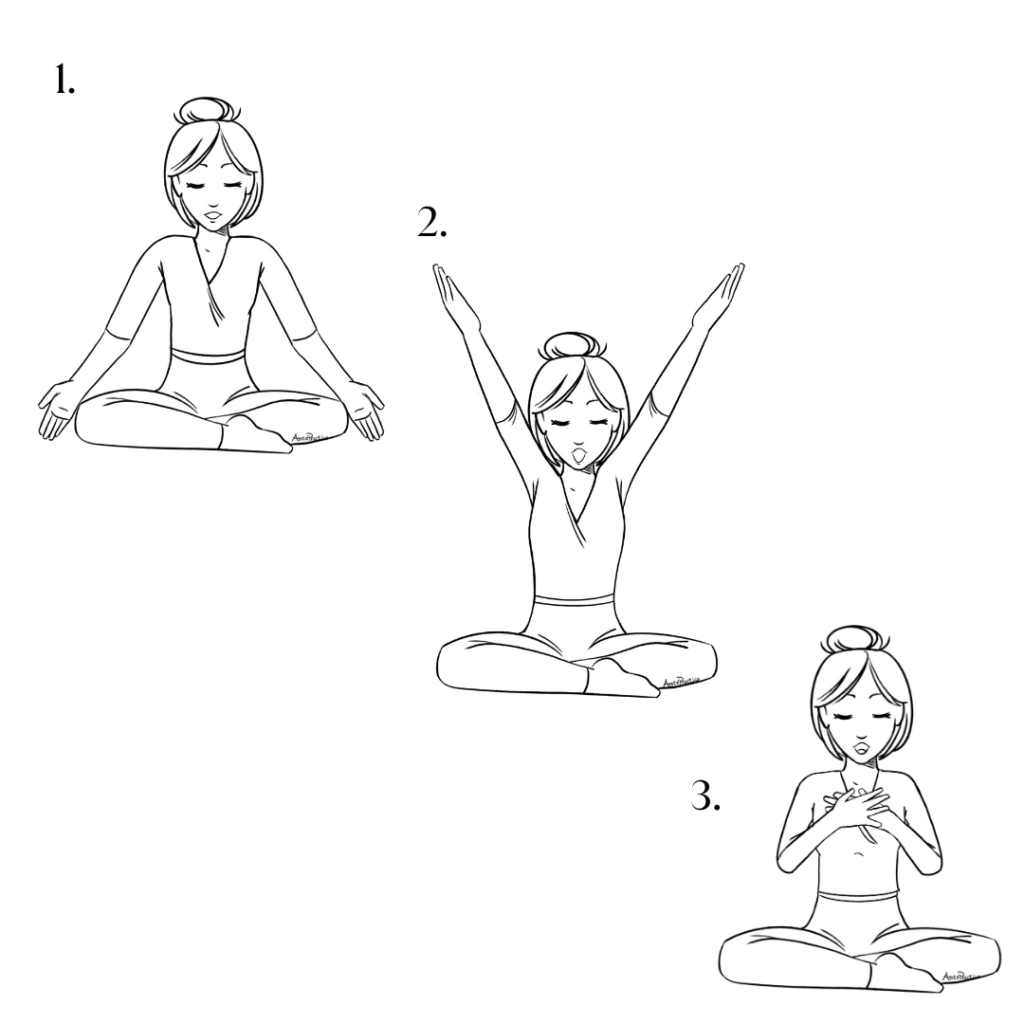 Ilustração de Helena sentada em postura fácil, com a coluna reta. As palmas das mãos estão abertas ou as mãos em Gyan Mudra. 