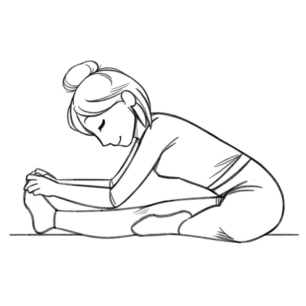 Illustration of Helen sitting and doing Forward Bend - On Floor - one leg extended forward - Downward position