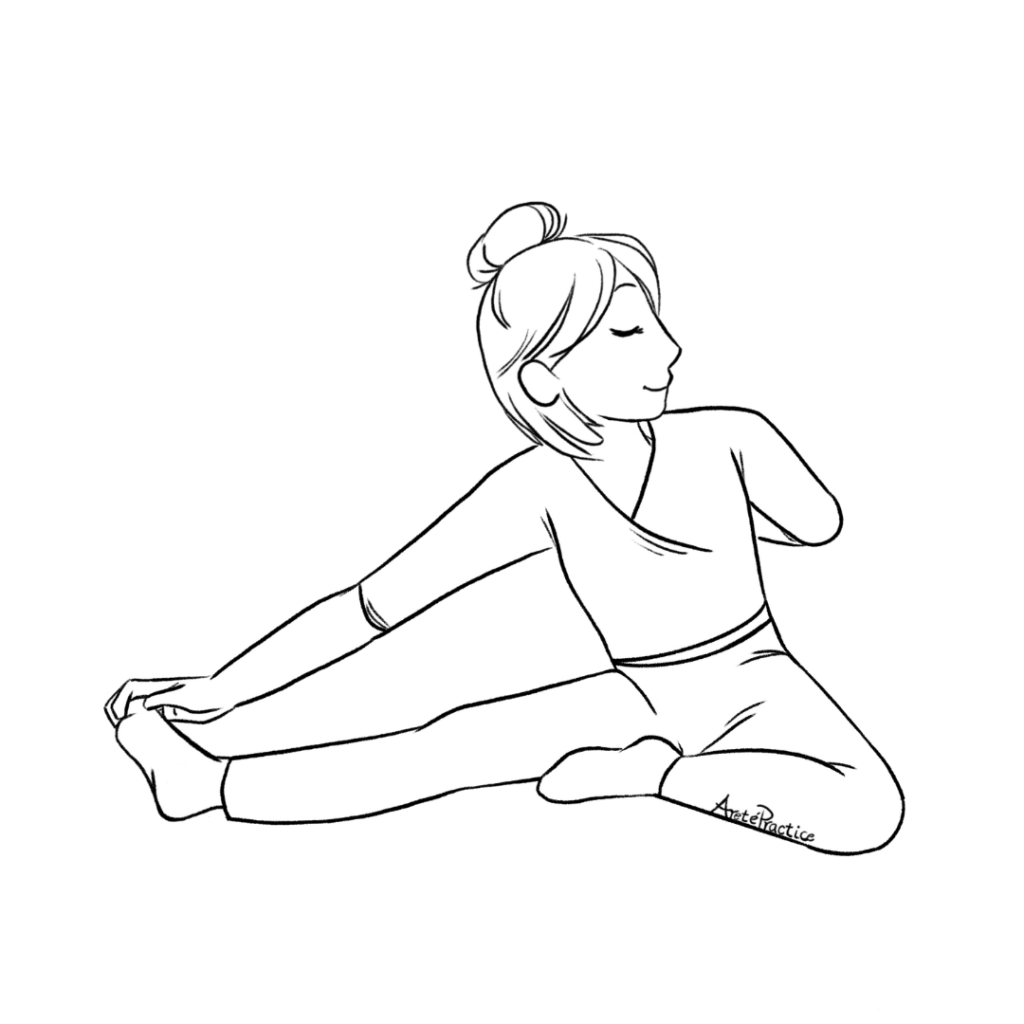 Illustration of Helen sitting with 1 leg straight out, the other folded at hip, 1 arm touching toe other twisted back