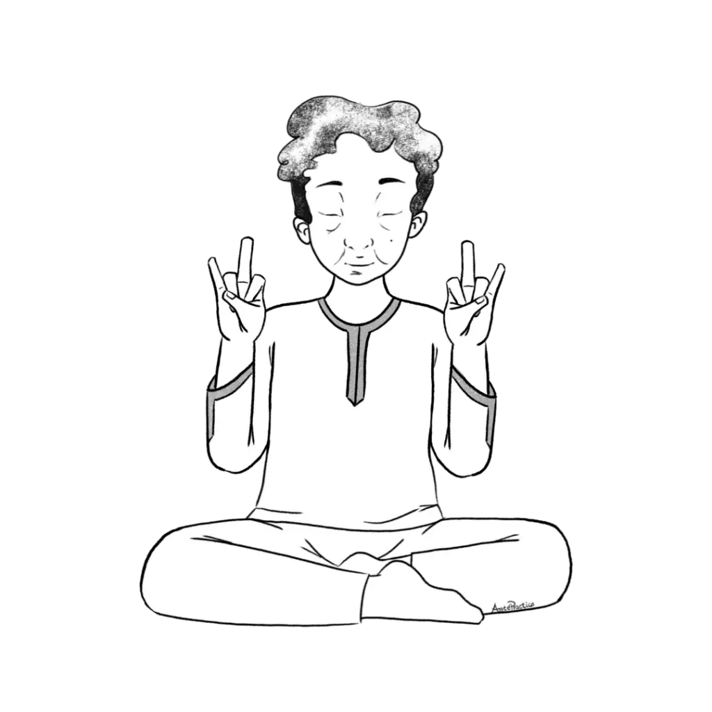 Ilustração de Kramer sentado em posição relaxada, praticando a Kriya para Interromper o Envelhecimento.