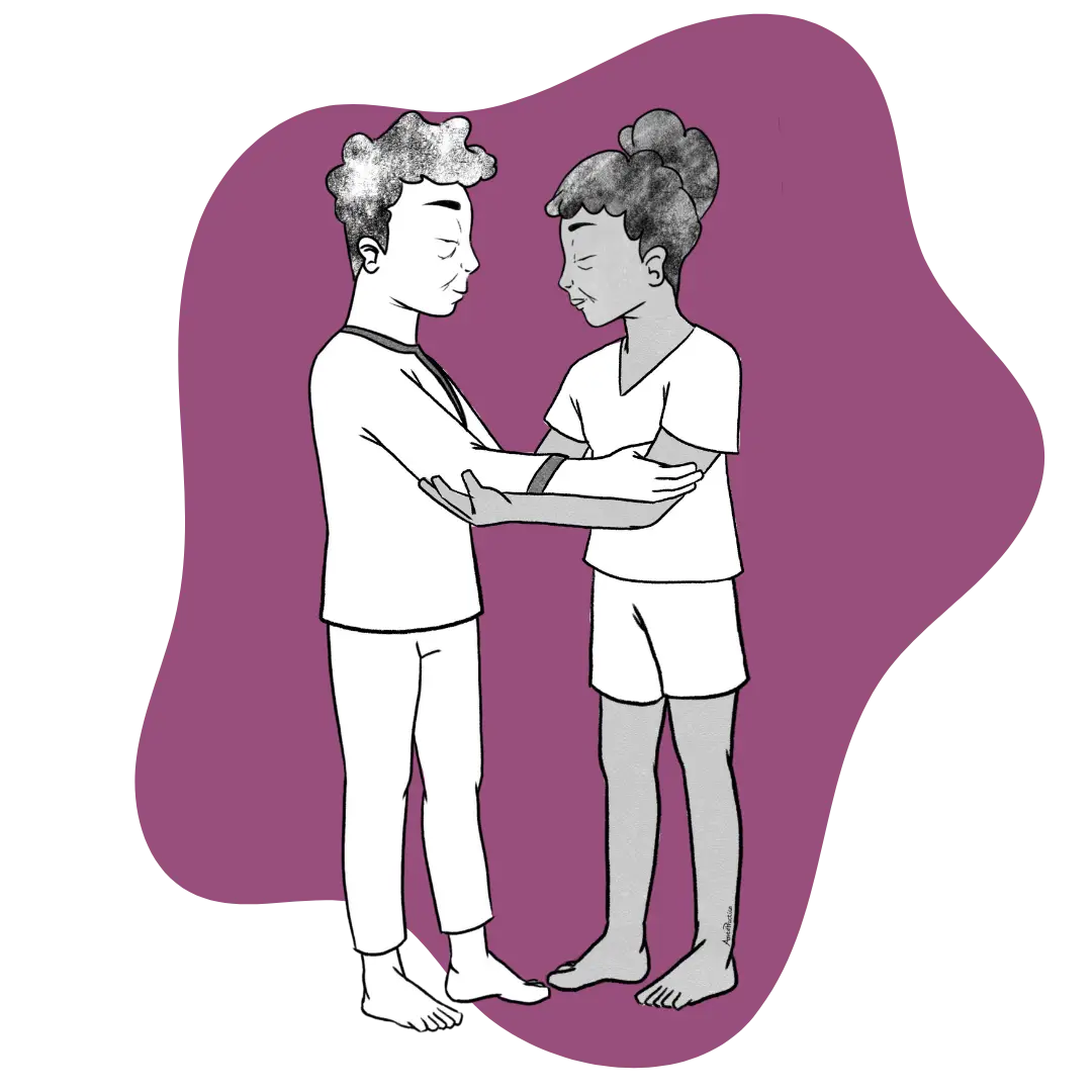 Ilustración de Estelle y Kramer de pie haciendo la Kriya Venus de torsión del hígado Imagen destacada