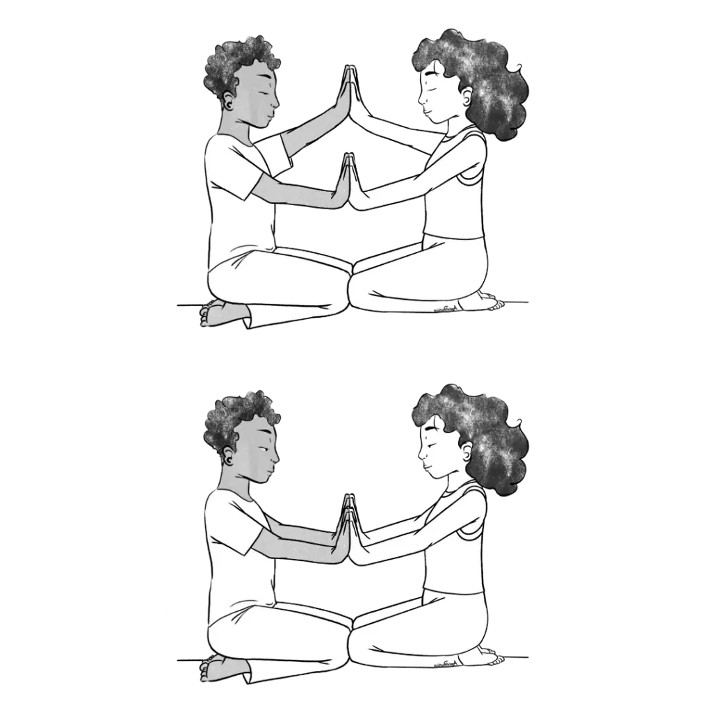 Illustration of Jerry and Susan sitting in rock pose with hands Hands touching one above the other. And other pose is with hands touching at heart center, Eyes opened