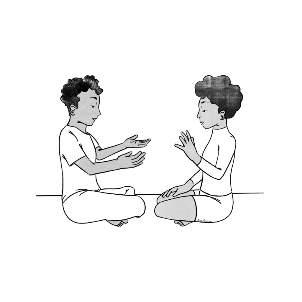 Illustration d'Elaine et Jerry assis dans une pose décontractée, en train de discuter.