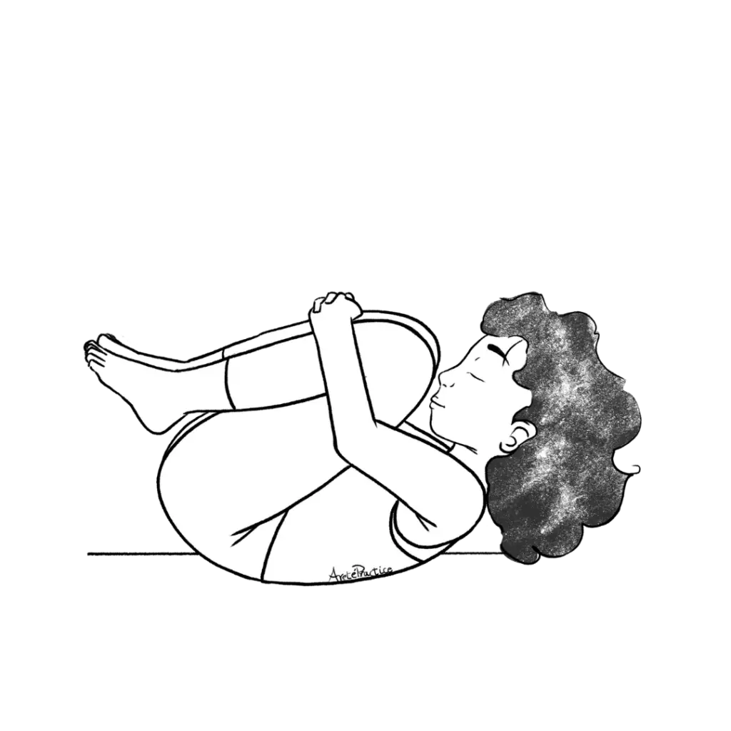 Ilustração de Susan deitada com os joelhos em direção ao peito e a cabeça em direção aos joelhos.