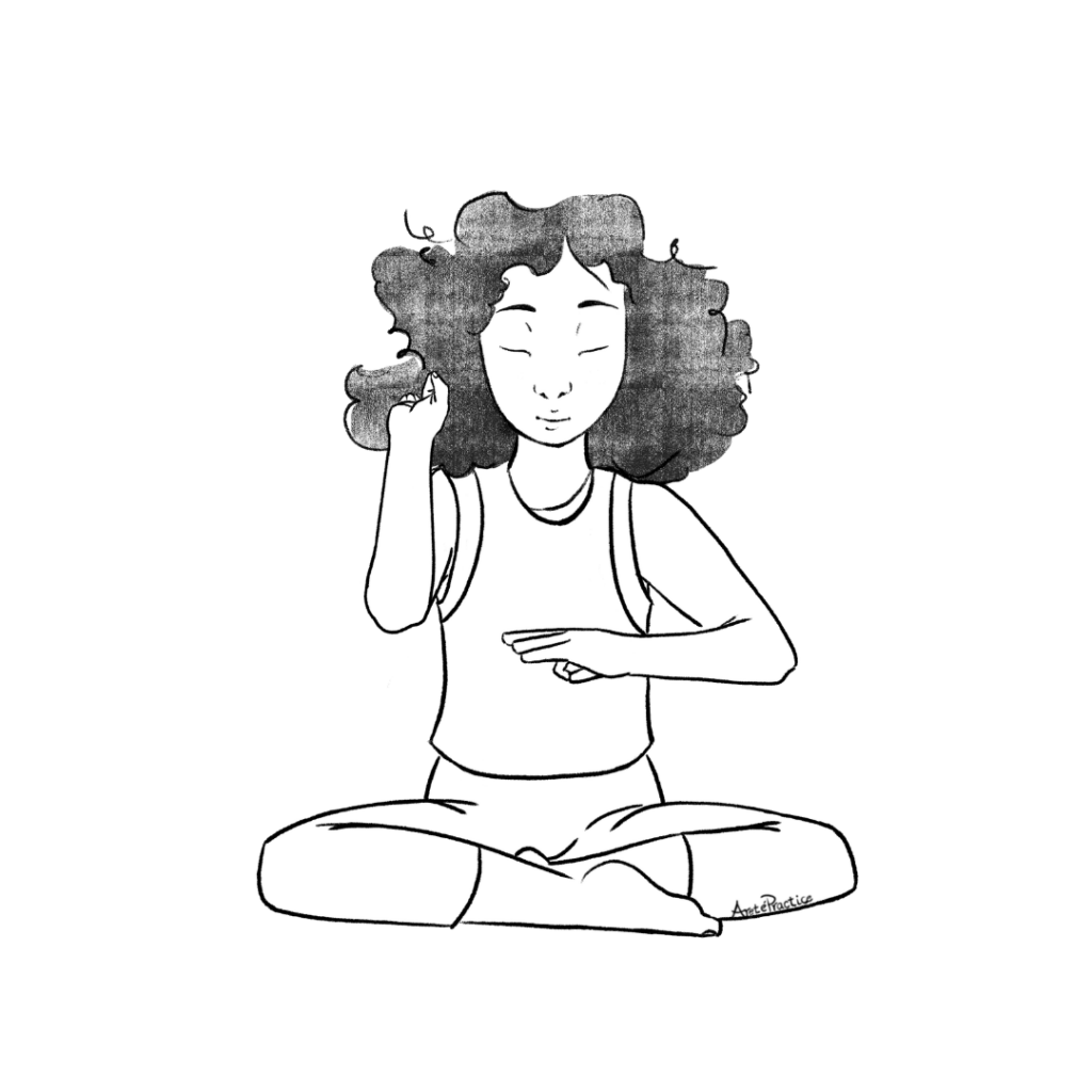 Ilustração de Susan sentada em postura relaxada com ambas as mãos em Gyan mudra.