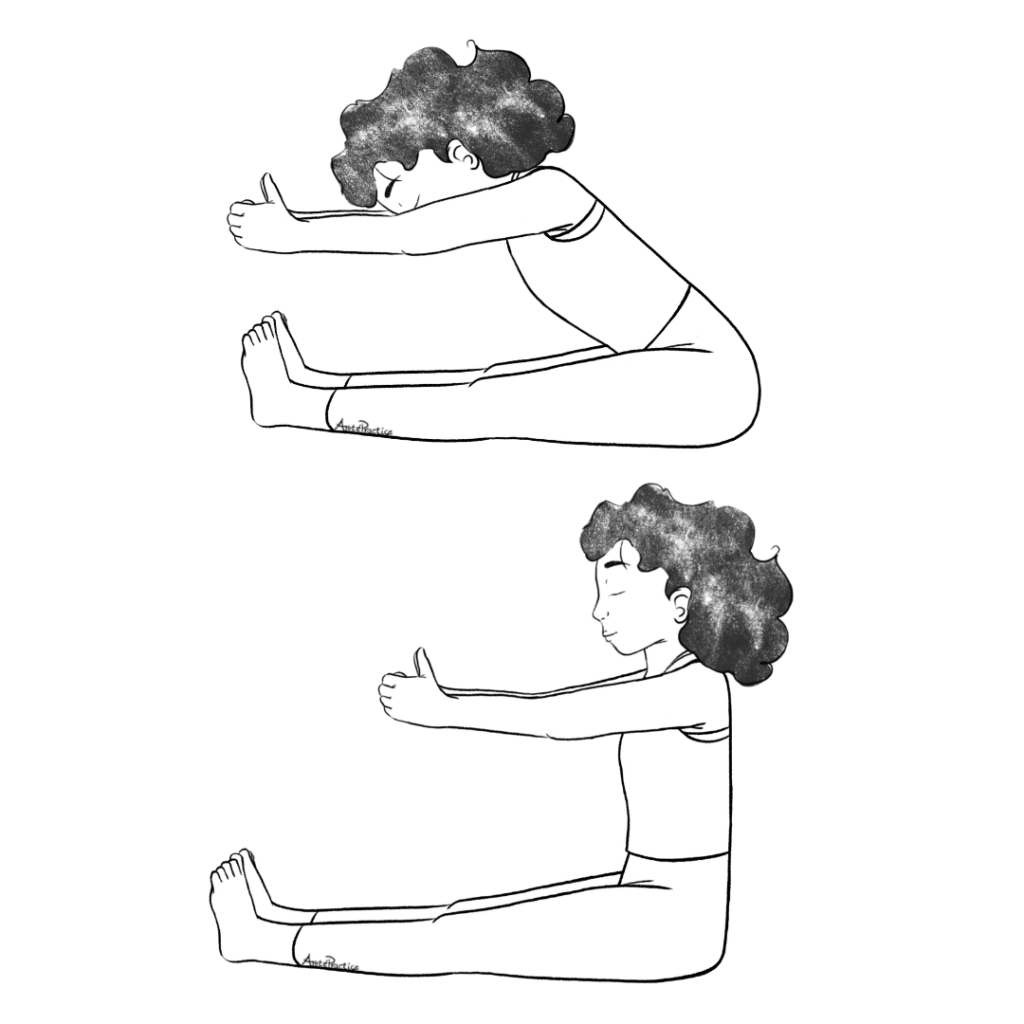Illustration of Susan sitting in easy pose with legs and arms extended straight out in front. Fingers folding tightly into pads of the fingers, and pointing thumbs upward.