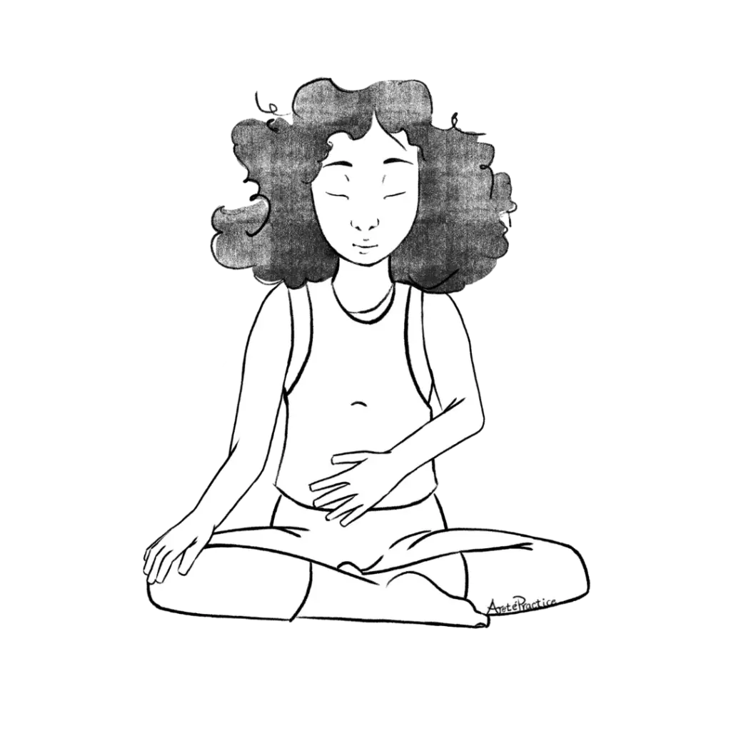Illustration of Susan sitting in easy pose with left hand on stomach right on knee