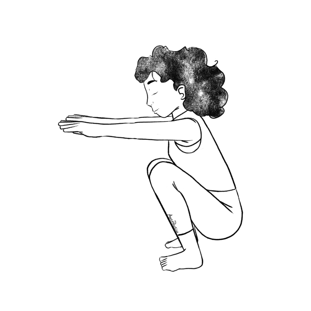 Ilustração de Susan agachada na posição de corvo, com os braços estendidos à frente, paralelos ao chão, e os amigos olhando para baixo.