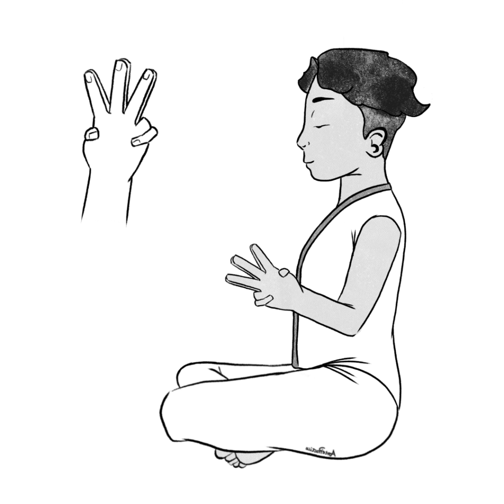 Illustration of Dave sitting in easy pose with a straight spine and shoulders rolled down and back, and in Mudra tranquility