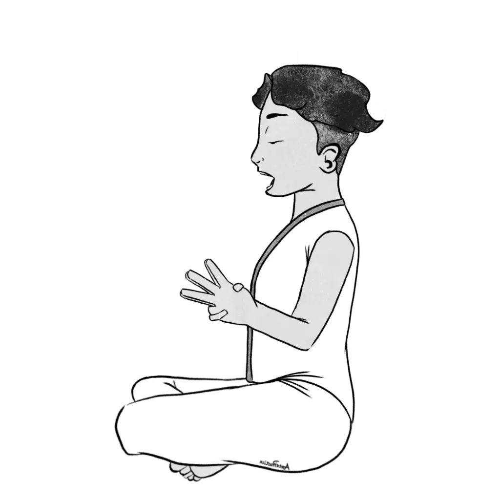 Illustration of Dave sitting in easy pose in mudra tranquility with mouth open