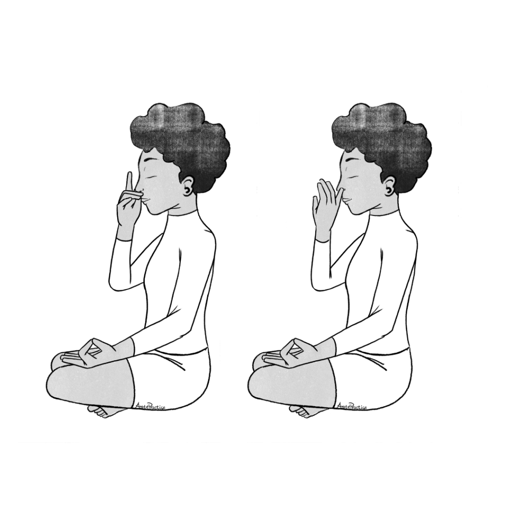 Illustration of Elaine sitting in easy pose doing the Alternate Nostril Breathing.