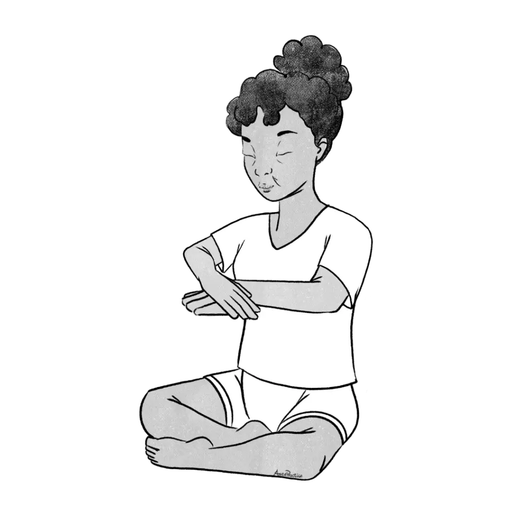 Ilustração de Estelle sentada em posição relaxada com uma mão sobre a outra na altura do coração.