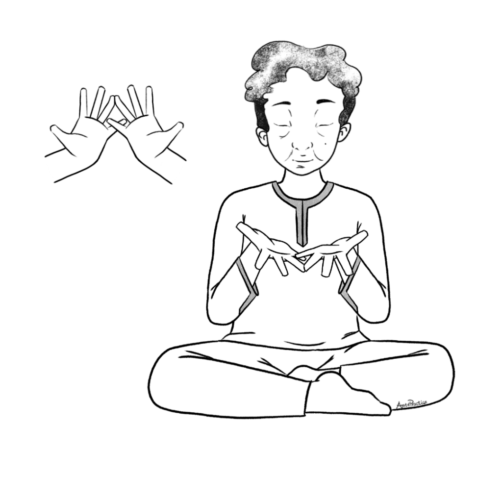 Illustration de Kramer assis dans une pose décontractée, le dos droit, les paumes tournées vers le haut, les doigts des deux mains largement écartés et touchant les côtés de la première phalange des annulaires.