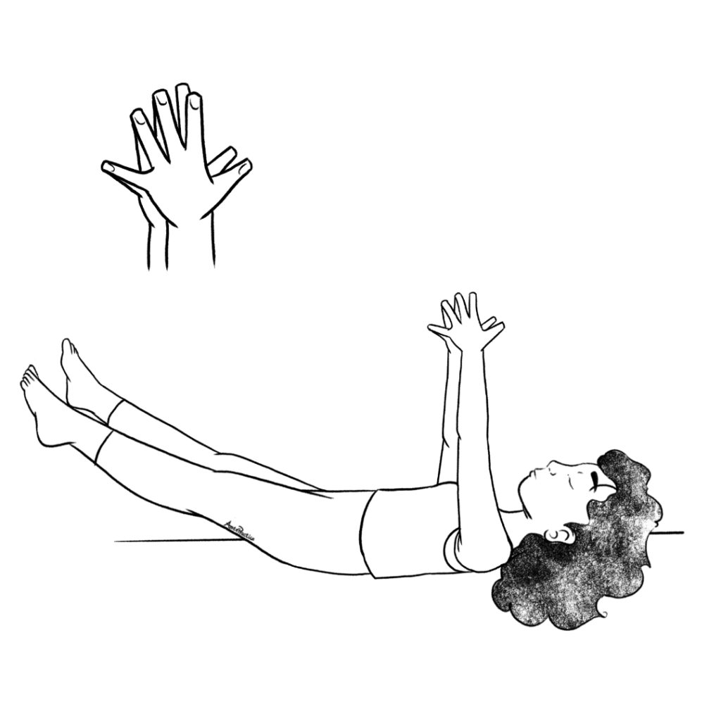 Ilustración de Susan tumbada realizando la postura de reinicio del punto del ombligo.