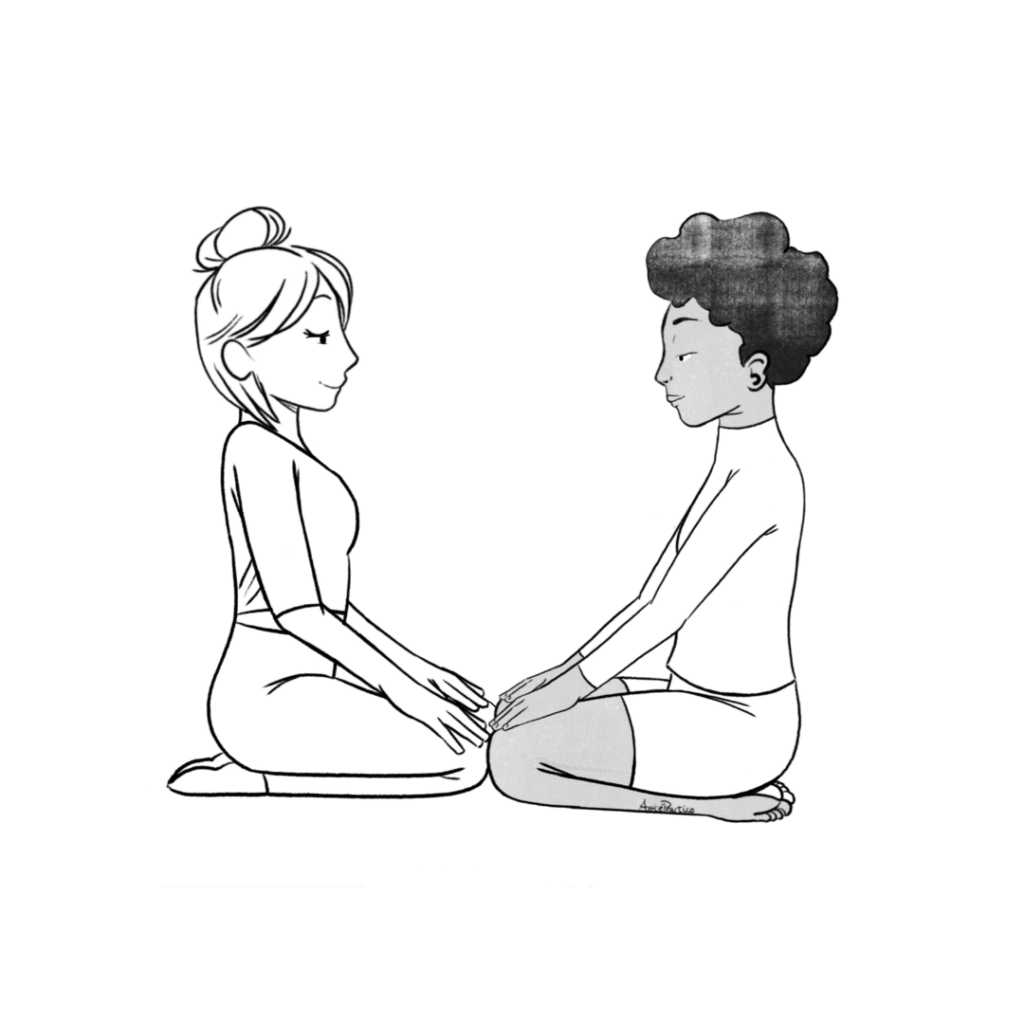 Illustration of Helen and Elain sitting in rock pose with hands on knees, eyes opened looking at each other