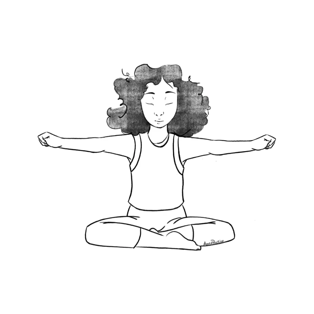 Ilustración de Susan sentada en una postura fácil con la columna recta, ambas manos en Adi Mudra (el mudra de su elección), manteniéndolas extendidas a los lados de sus hombros con las palmas hacia abajo.