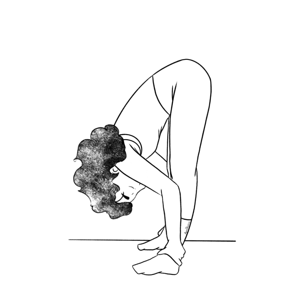 Ilustración de Susan haciendo una flexión hacia adelante en posición de pie.