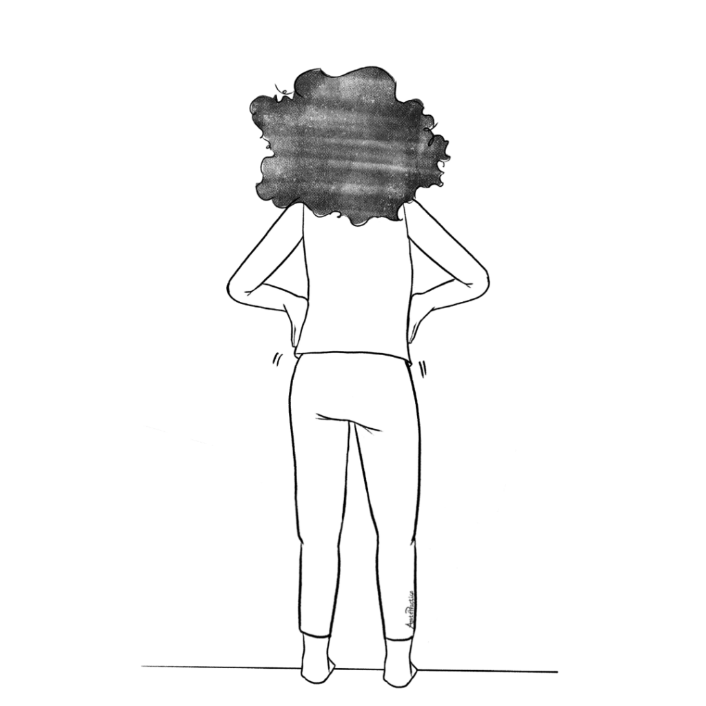 Ilustración de Susan realizando rotaciones de cadera de pie.