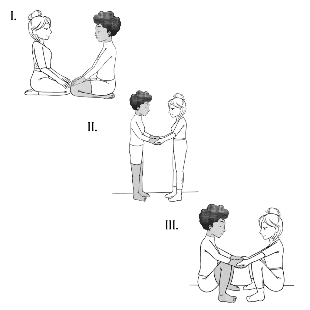 Illustration of Elaine and Helen doing the Three Part Venus Kriya exercise