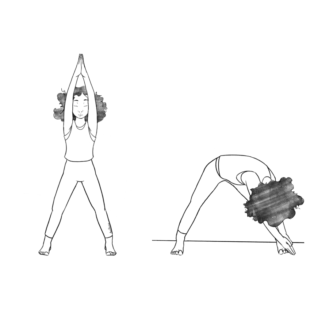 Ilustración de Susan de pie realizando la secuencia de tocarse los dedos de los pies.